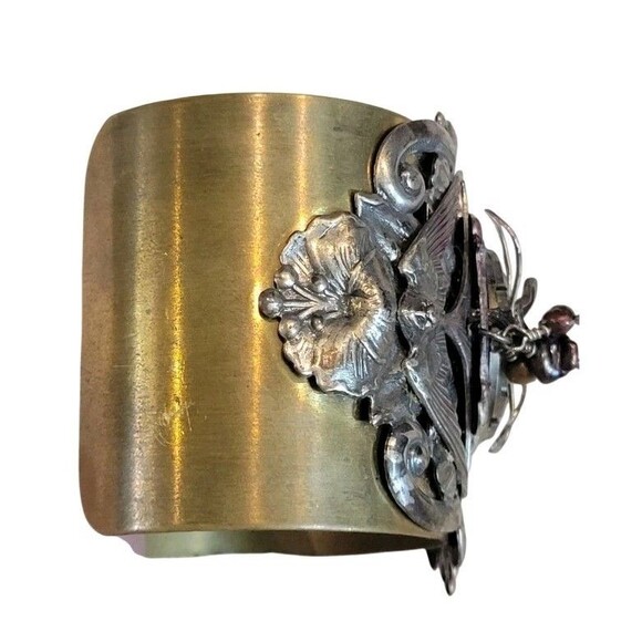 Steampunk Large Cuff Bracelet Brass & Silver Tone Watch Gear Art Nouveau Design - Picture 9 of 11